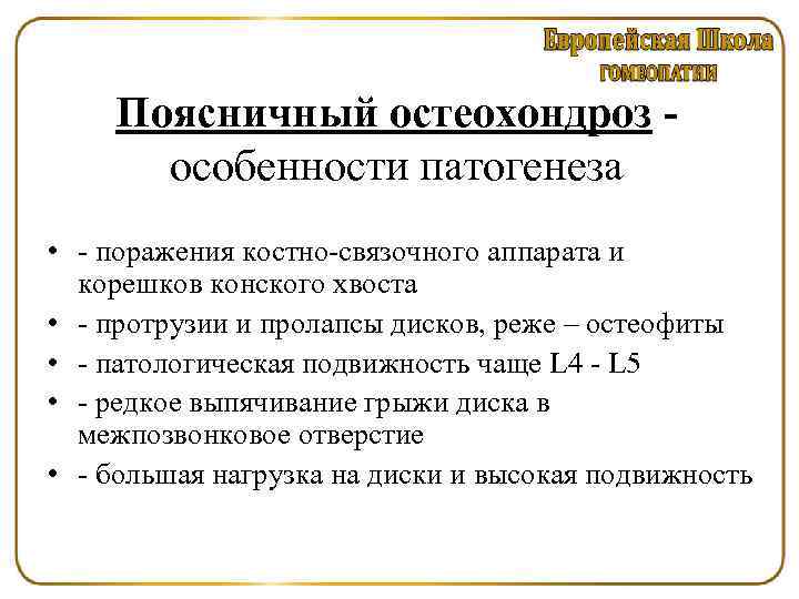 Поясничный остеохондроз - особенности патогенеза • поражения костно связочного аппарата и корешков конского хвоста