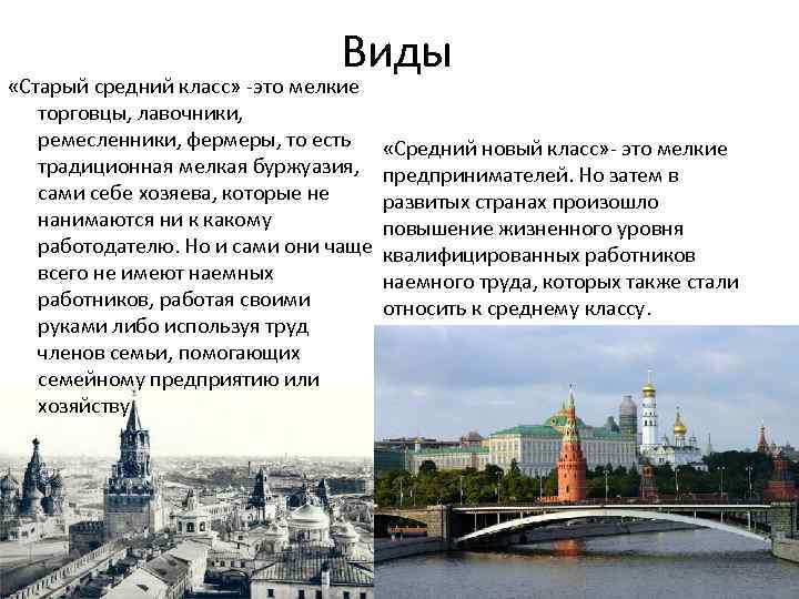 Виды «Старый средний класс» -это мелкие торговцы, лавочники, ремесленники, фермеры, то есть «Средний новый