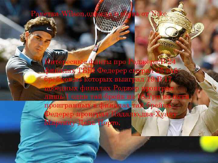 Ракетка-Wilson, одежда и обувь от Nike. Интересные факты про Роджера: В 24 финалах ТБШ