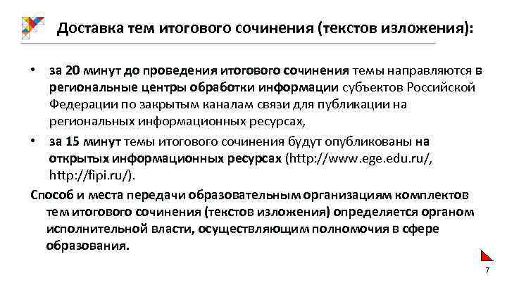 Доставка тем итогового сочинения (текстов изложения): • за 20 минут до проведения итогового сочинения