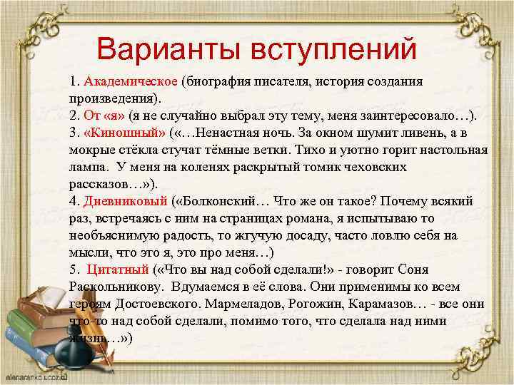 Варианты вступлений 1. Академическое (биография писателя, история создания произведения). 2. От «я» (я не