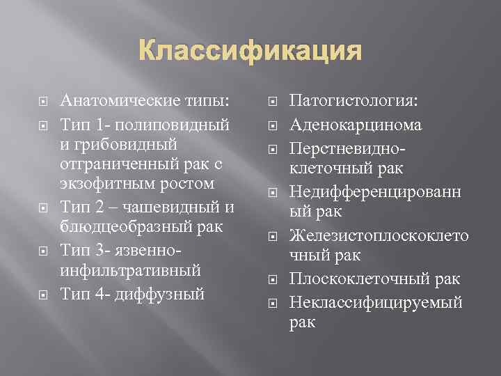 Классификация Анатомические типы: Тип 1 - полиповидный и грибовидный отграниченный рак с экзофитным ростом
