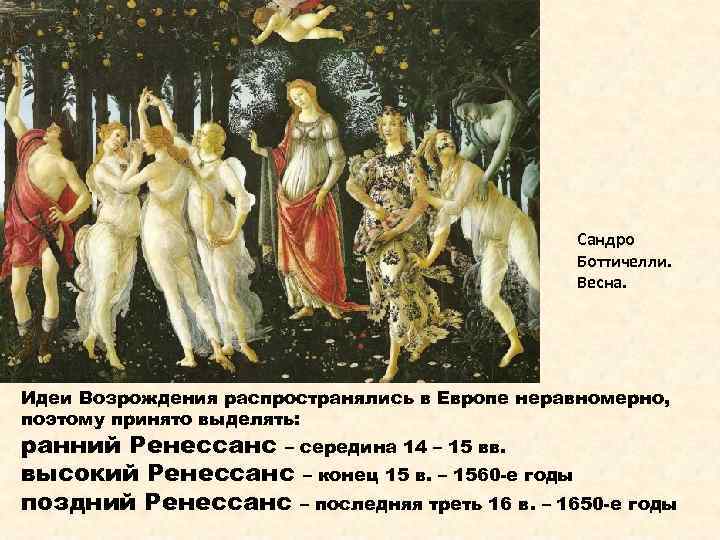 Сандро Боттичелли. Весна. Идеи Возрождения распространялись в Европе неравномерно, поэтому принято выделять: ранний Ренессанс