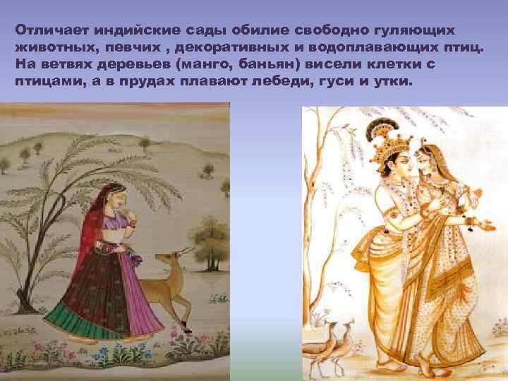 Отличает индийские сады обилие свободно гуляющих животных, певчих , декоративных и водоплавающих птиц. На