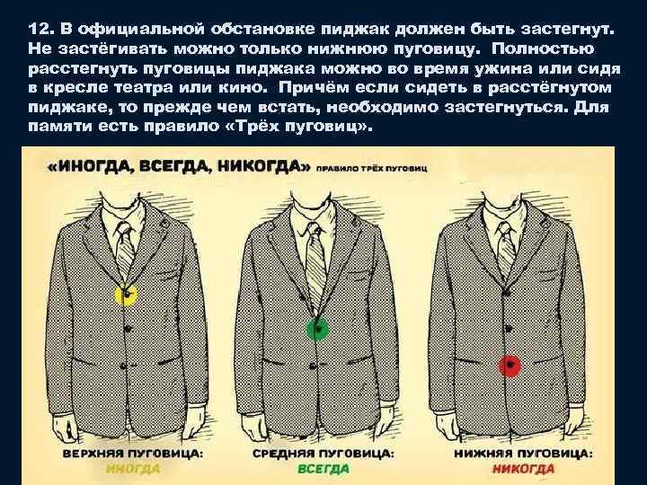 12. В официальной обстановке пиджак должен быть застегнут. Не застёгивать можно только нижнюю пуговицу.