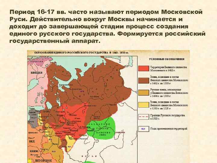 Период 16 -17 вв. часто называют периодом Московской Руси. Действительно вокруг Москвы начинается и