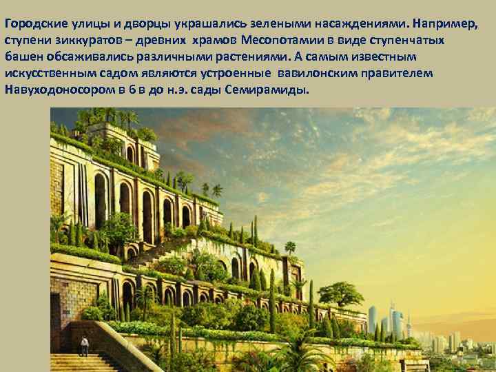 Городские улицы и дворцы украшались зелеными насаждениями. Например, ступени зиккуратов – древних храмов Месопотамии