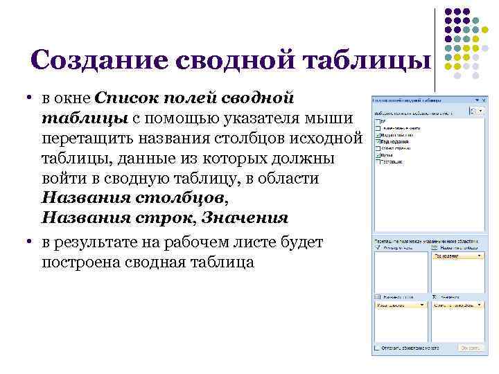 Создание сводной таблицы • в окне Список полей сводной таблицы с помощью указателя мыши