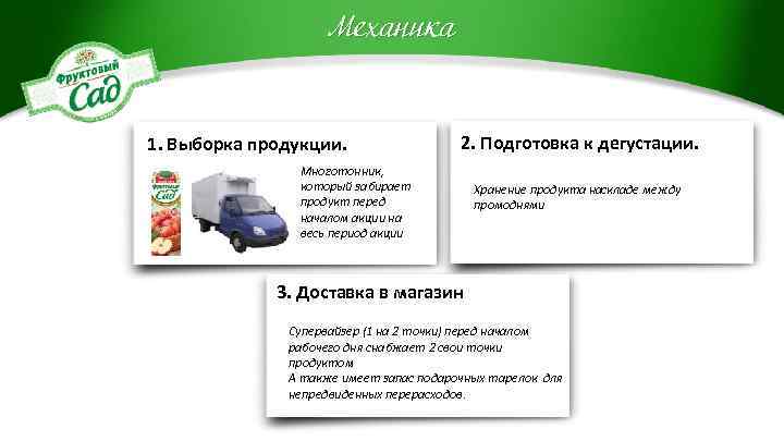 Механика 1. Выборка продукции. 2. Подготовка к дегустации. Многотонник, который забирает продукт перед началом