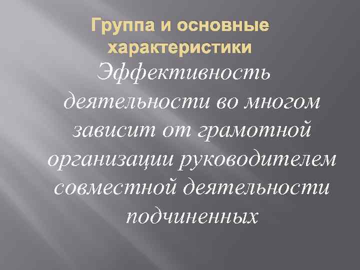 Группа и основные характеристики Эффективность деятельности во многом зависит от грамотной организации руководителем совместной