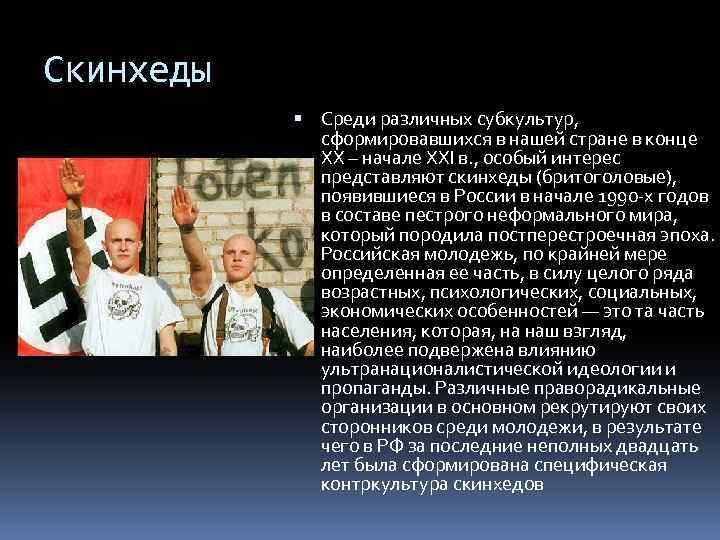 Скинхеды Среди различных субкультур, сформировавшихся в нашей стране в конце XX – начале XXI