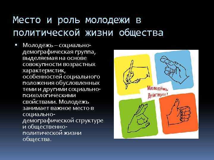 Место и роль молодежи в политической жизни общества Молодежь – социальнодемографическая группа, выделяемая на