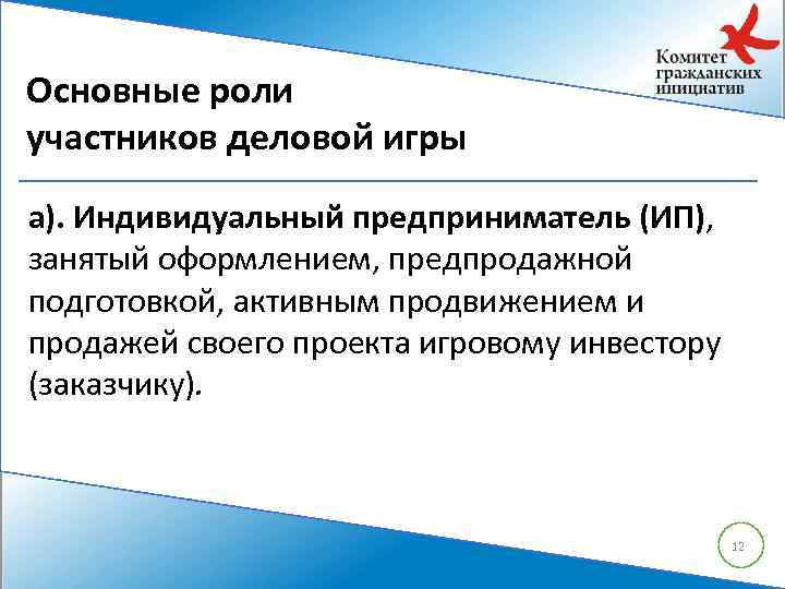 Основные роли участников деловой игры а). Индивидуальный предприниматель (ИП), занятый оформлением, предпродажной подготовкой, активным