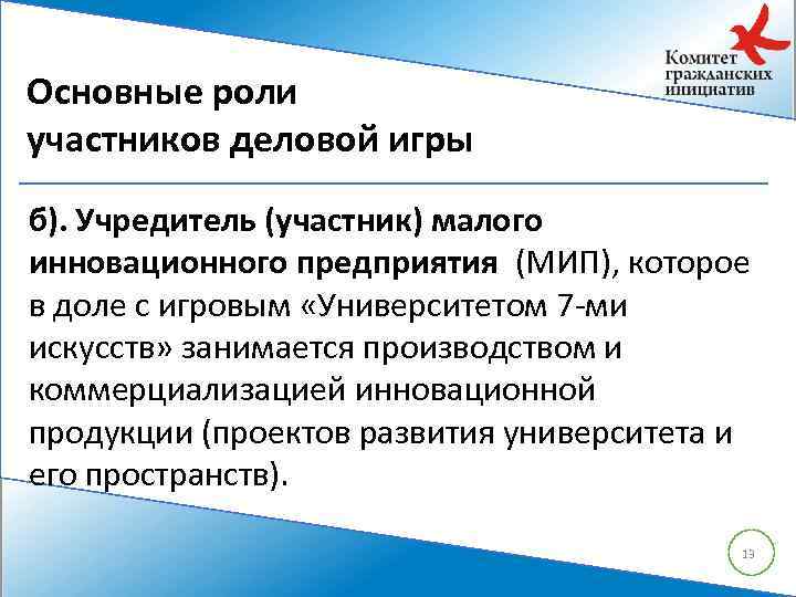 Основные роли участников деловой игры б). Учредитель (участник) малого инновационного предприятия (МИП), которое в