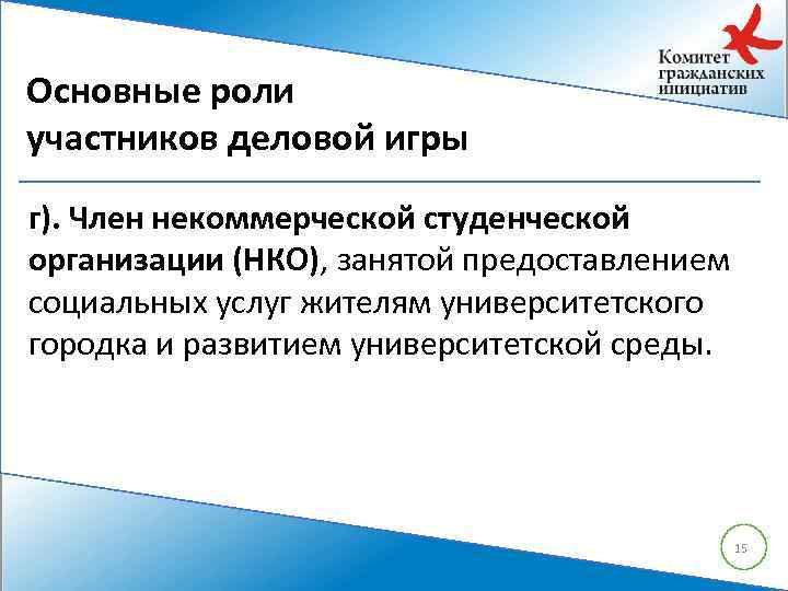 Основные роли участников деловой игры г). Член некоммерческой студенческой организации (НКО), занятой предоставлением социальных