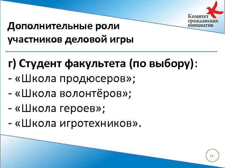 Дополнительные роли участников деловой игры г) Студент факультета (по выбору): - «Школа продюсеров» ;