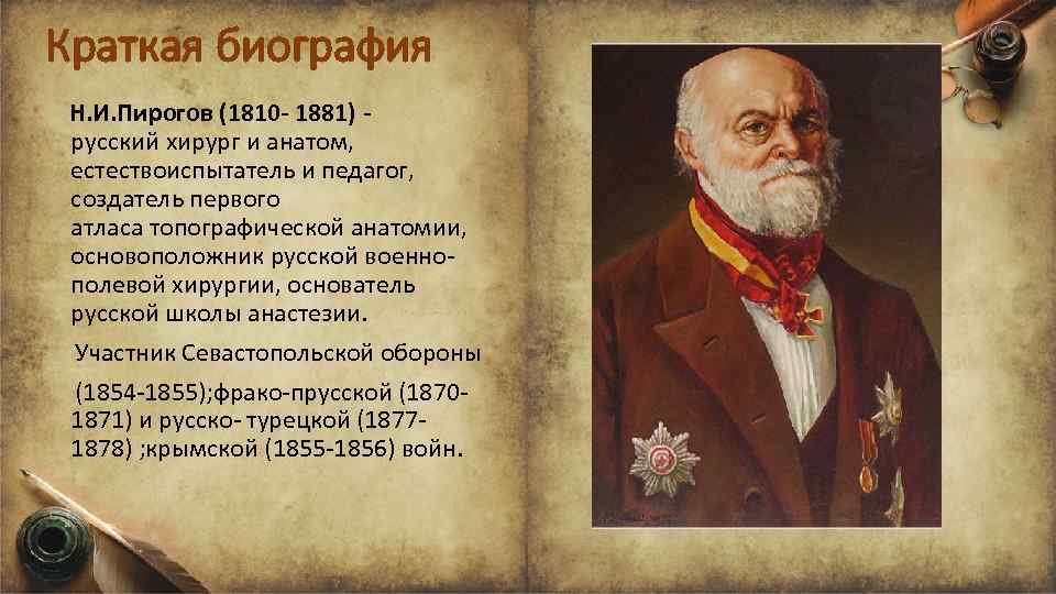 Краткая биография Н. И. Пирогов (1810 - 1881) - русский хирург и анатом, естествоиспытатель