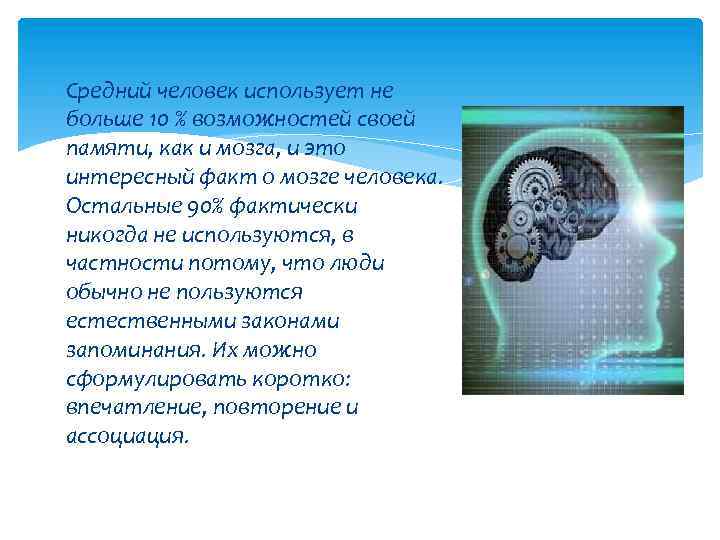  Средний человек использует не больше 10 % возможностей своей пaмяти, как и мозга,