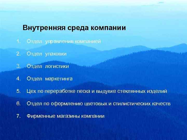 Внутренняя среда компании 1. Отдел управления компанией 2. Отдел упаковки 3. Отдел логистики 4.