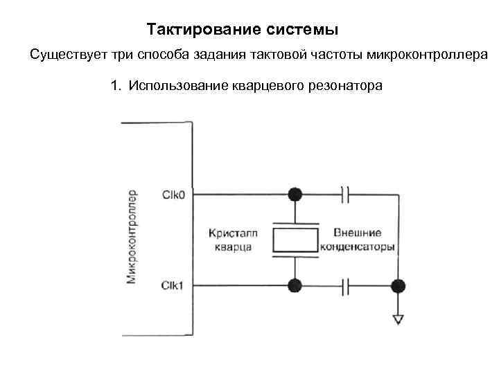 Тактирование системы Существует три способа задания тактовой частоты микроконтроллера 1. Использование кварцевого резонатора 