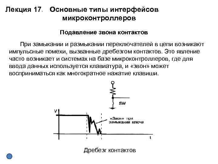 Лекция 17. Основные типы интерфейсов микроконтроллеров Подавление звона контактов При замыкании и размыкании переключателей