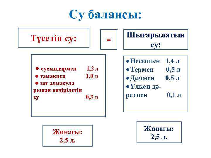 Су балансы: Түсетін су: ● сусындармен = 1, 2 л 1, 0 л ●