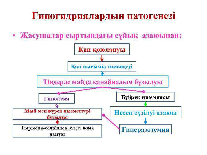 Гипогидриялардың патогенезі • Жасушалар сыртындағы сұйық азаюынан: Қан қоюлануы Қан қысымы төмендеуі Тіндерде майда