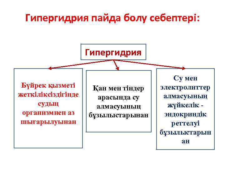 Гипергидрия пайда болу себептері: Гипергидрия Бүйрек қызметі жеткіліксіздігінде судың организмнен аз шығарылуынан судың Қан