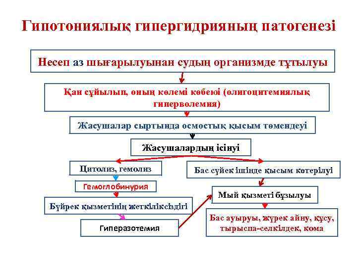 Гипотониялық гипергидрияның патогенезі Несеп аз шығарылуынан судың организмде тұтылуы Қан сұйылып, оның көлемі көбеюі