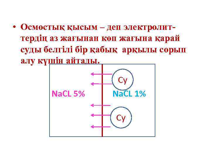  • Осмостық қысым – деп электролиттердің аз жағынан көп жағына қарай суды белгілі