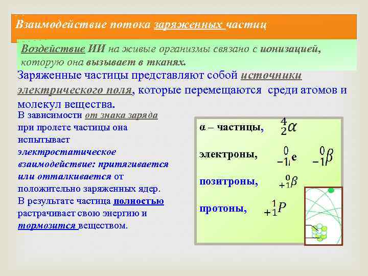 Взаимодействие потока заряженных частиц Воздействие ИИ на живые организмы связано с ионизацией, которую она