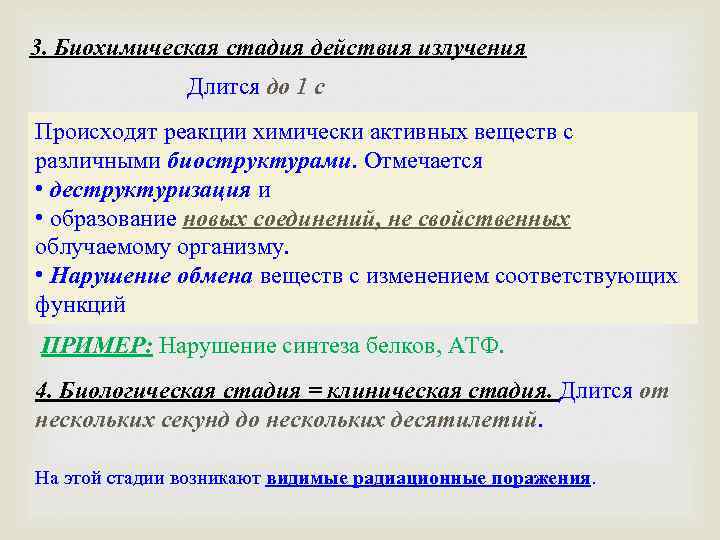 3. Биохимическая стадия действия излучения Длится до 1 с Происходят реакции химически активных веществ