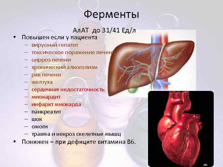 Ферменты Ал. АТ до 31/41 Ед/л • Повышен если у пациента – – –