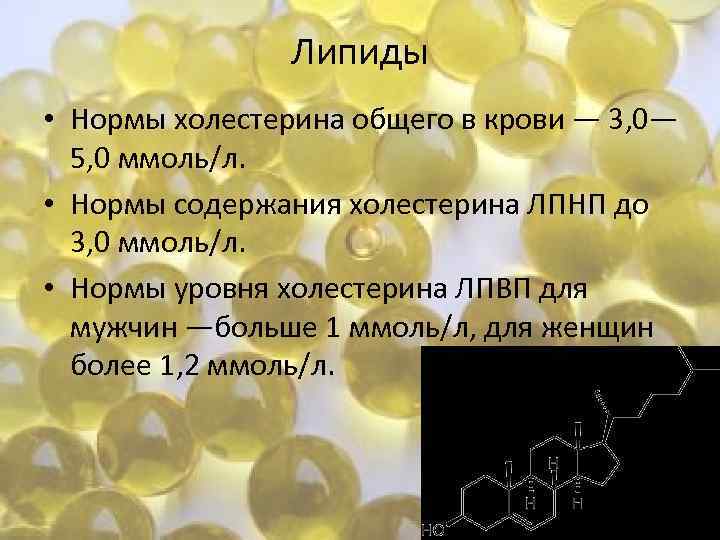 Липиды • Нормы холестерина общего в крови — 3, 0— 5, 0 ммоль/л. •