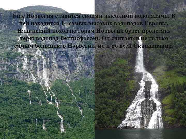 Еще Норвегия славится своими высокими водопадами. В ней находится 14 самых высоких водопадов Европы.