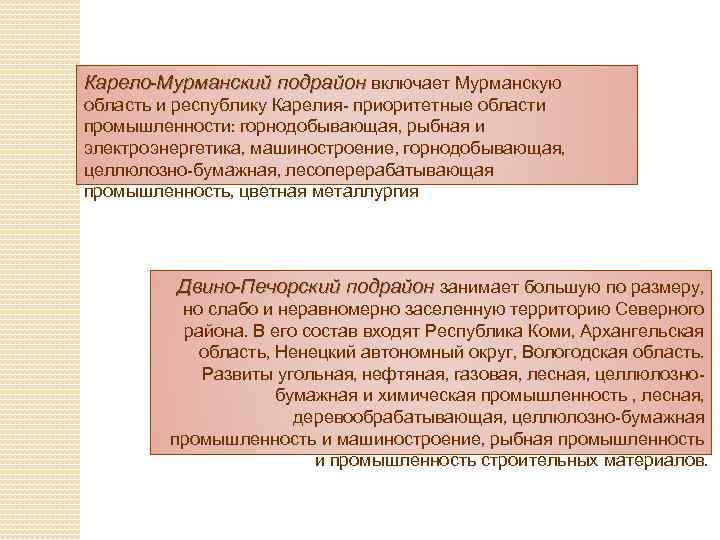 Сравнительная характеристика кольско карельского и двино печорского. Карело Мурманский подрайон. Карело Мурманский и Двино Печорский подрайон. Карело Мурманский подрайон природные ресурсы. Хозяйство Карело Мурманского района.