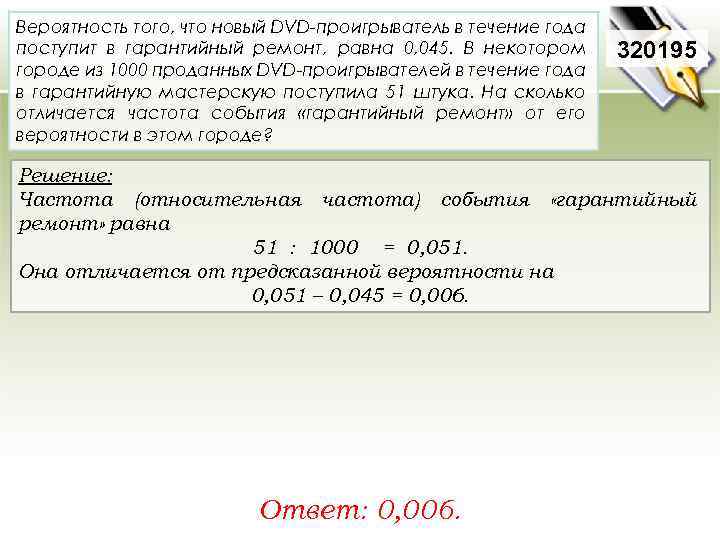 Вероятность того, что новый DVD-проигрыватель в течение года поступит в гарантийный ремонт, равна 0,