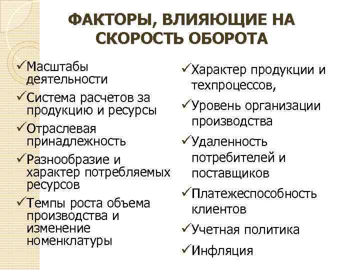 ФАКТОРЫ, ВЛИЯЮЩИЕ НА СКОРОСТЬ ОБОРОТА üМасштабы деятельности üСистема расчетов за продукцию и ресурсы üОтраслевая