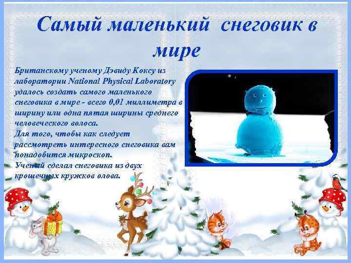 Самый маленький снеговик в мире Британскому ученому Дэвиду Коксу из лаборатории National Physical Laboratory