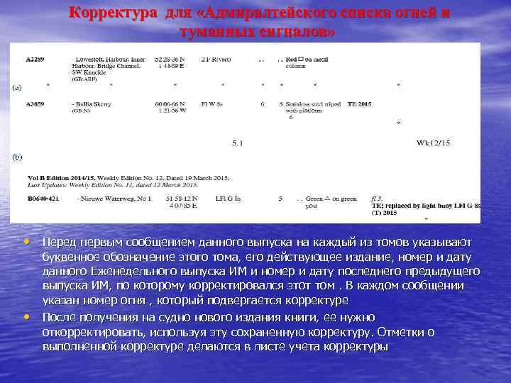 Корректура для «Адмиралтейского списка огней и туманных сигналов» • Перед первым сообщением данного выпуска