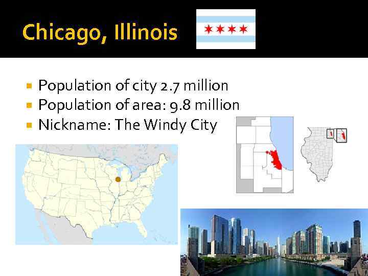 Chicago, Illinois Population of city 2. 7 million Population of area: 9. 8 million