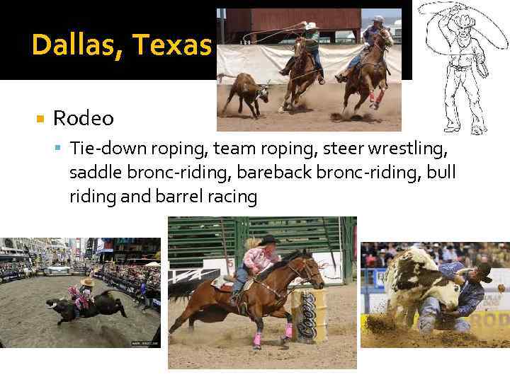 Dallas, Texas Rodeo Tie-down roping, team roping, steer wrestling, saddle bronc-riding, bareback bronc-riding, bull