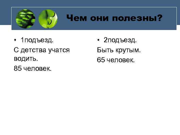 Чем они полезны? • 1 подъезд. С детства учатся водить. 85 человек. • 2