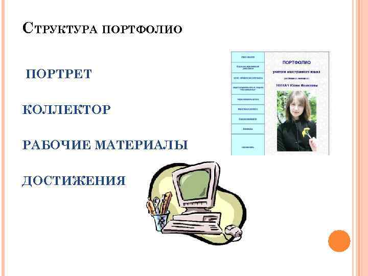 СТРУКТУРА ПОРТФОЛИО ПОРТРЕТ КОЛЛЕКТОР РАБОЧИЕ МАТЕРИАЛЫ ДОСТИЖЕНИЯ 