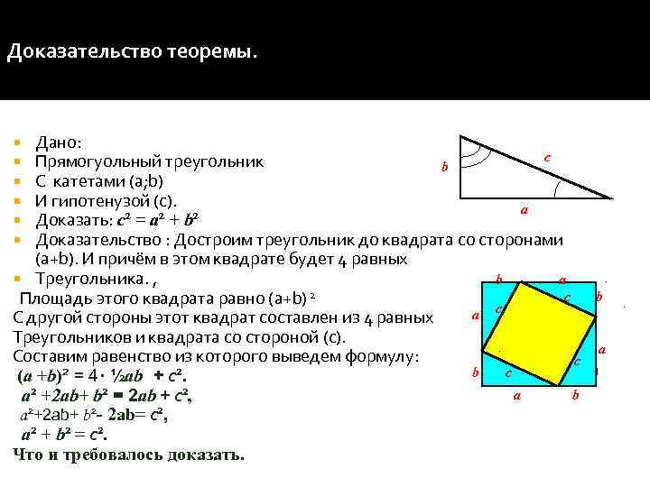 Доказательство теоремы. Дано: c Прямогуольный треугольник b С катетами (a; b) И гипотенузой (c).