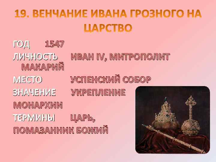 ГОД 1547 ЛИЧНОСТЬ ИВАН IV, МИТРОПОЛИТ МАКАРИЙ МЕСТО УСПЕНСКИЙ СОБОР ЗНАЧЕНИЕ УКРЕПЛЕНИЕ МОНАРХИИ ТЕРМИНЫ