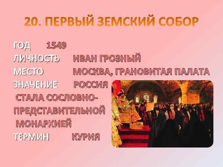 ГОД 1549 ЛИЧНОСТЬ ИВАН ГРОЗНЫЙ МЕСТО МОСКВА, ГРАНОВИТАЯ ПАЛАТА ЗНАЧЕНИЕ РОССИЯ СТАЛА СОСЛОВНОПРЕДСТАВИТЕЛЬНОЙ МОНАРХИЕЙ