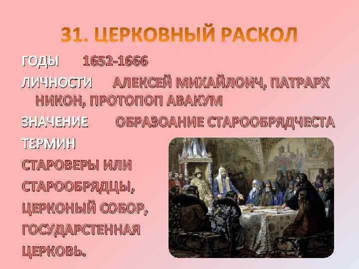 ГОДЫ 1652 -1666 ЛИЧНОСТИ АЛЕКСЕЙ МИХАЙЛОИЧ, ПАТРАРХ НИКОН, ПРОТОПОП АВАКУМ ЗНАЧЕНИЕ ОБРАЗОАНИЕ СТАРООБРЯДЧЕСТА ТЕРМИН