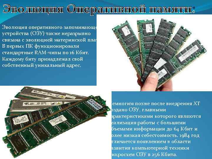 Эволюция Оперативной памяти: Эволюция оперативного запоминающего устройства (ОЗУ) также неразрывно связана с эволюцией материнской