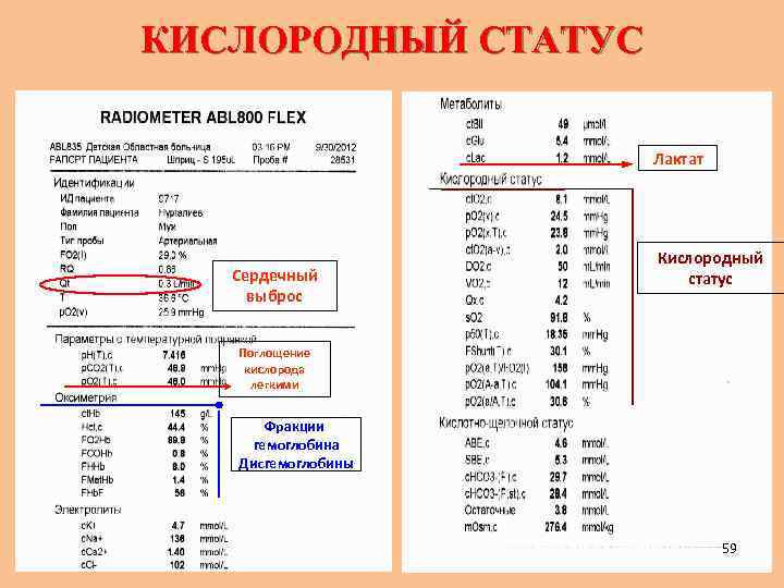 КИСЛОРОДНЫЙ СТАТУС Лактат Сердечный выброс Кислородный статус Поглощение кислорода легкими Фракции гемоглобина Дисгемоглобины 59